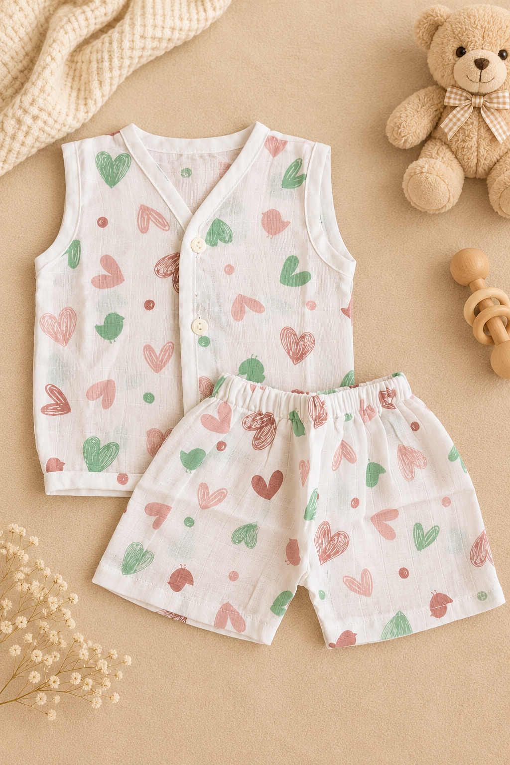 Muslin Jabla & Shorts Set - Heart - Image 2