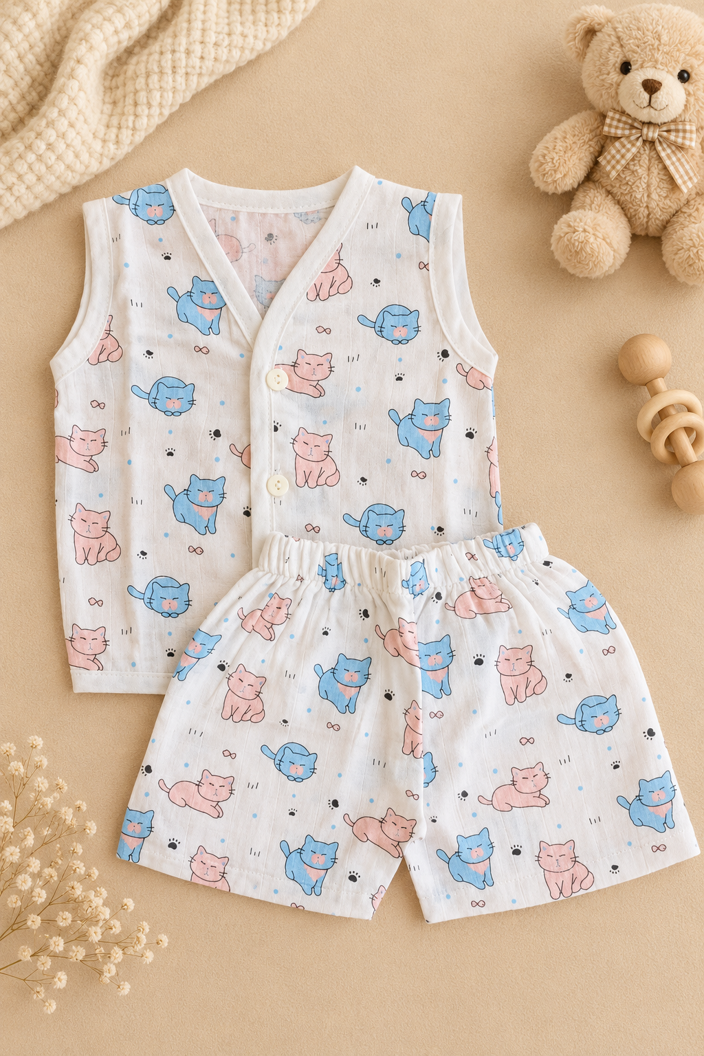 Muslin Jabla & Shorts Set - Cat - Image 2